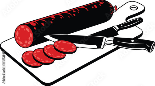 Black and White Vector Illustration of Sliced Sausage or Salami on a Cutting Board with a Sharp Chef's Knife, Ideal for Food and Butcher Shop Themes.
