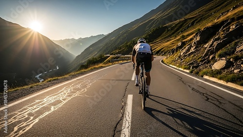 Cyclist Climbing Mountain Road at Sunrise