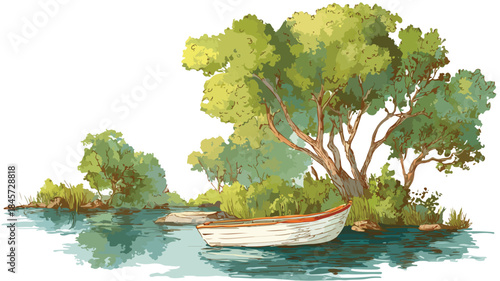 Boat in Water with Background Trees, Tranquil Nature Scene Vector Illustration