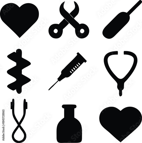 Medical Instruments and Heart Silhouette Icons tools