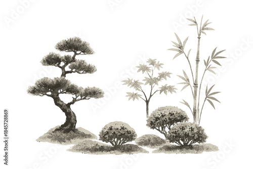 Serene ink wash garden scene with bonsai and bamboo