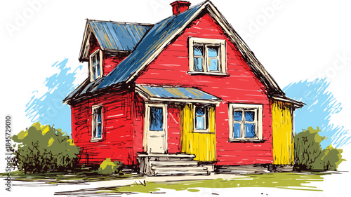 Vibrant Cartoon Red House with Yellow Roof Illustration