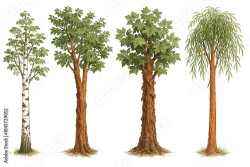Illustration of four distinct tree species: birch, maple, oak, and willow with detailed foliage