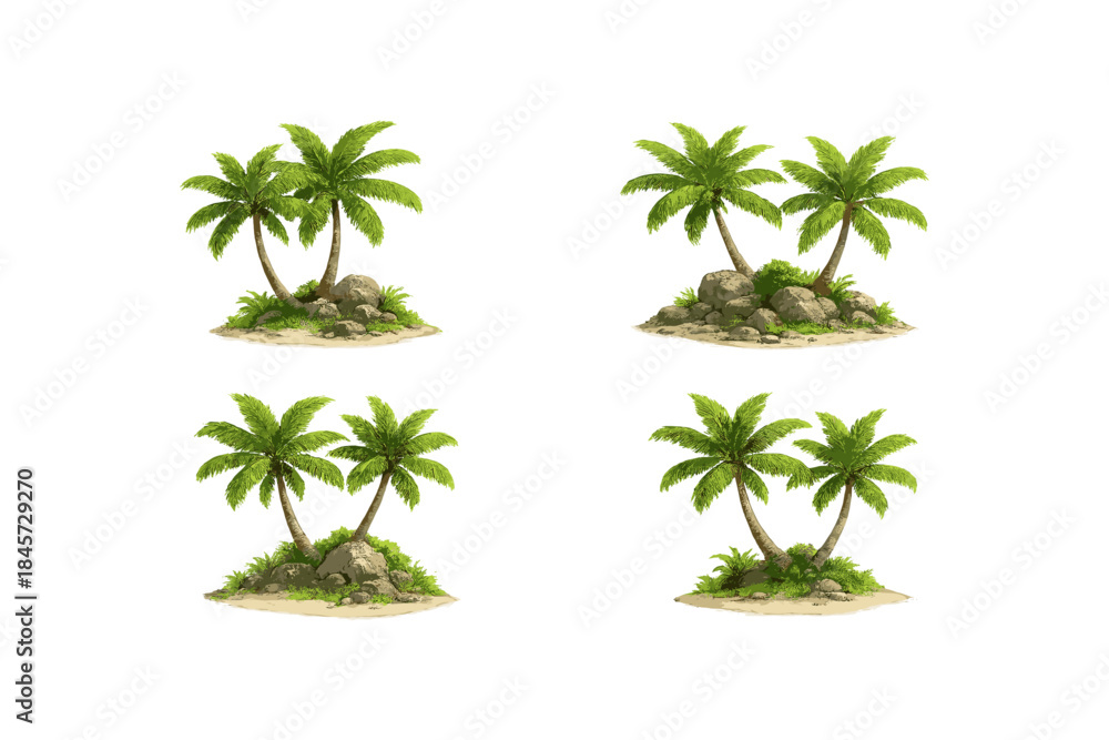 Fototapeta premium Four tropical palm tree illustrations on white background