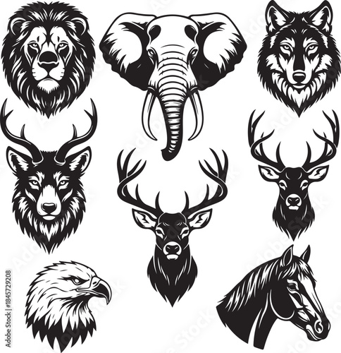 Wild animal vector tattoo set with tribal lion tiger wolf bear silhouettes and decorative wildlife designs