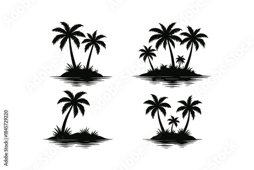 Tropical island silhouettes with palm trees and ocean reflections