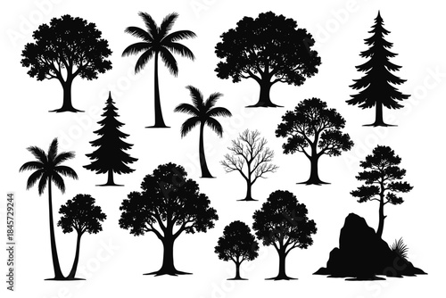 Variety of tree silhouettes including pine, oak, and palm on white background