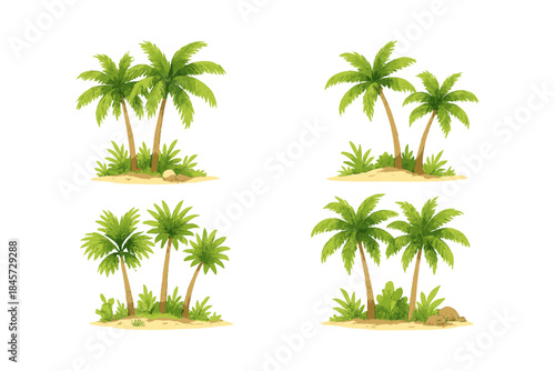 Tropical palm tree sets on island landscape with greenery and sand