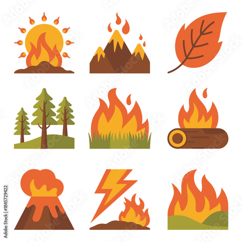 Nature fire landscape icon set, mountain forest flame lightning symbols, environmental danger concept, colorful flat vector illustration design