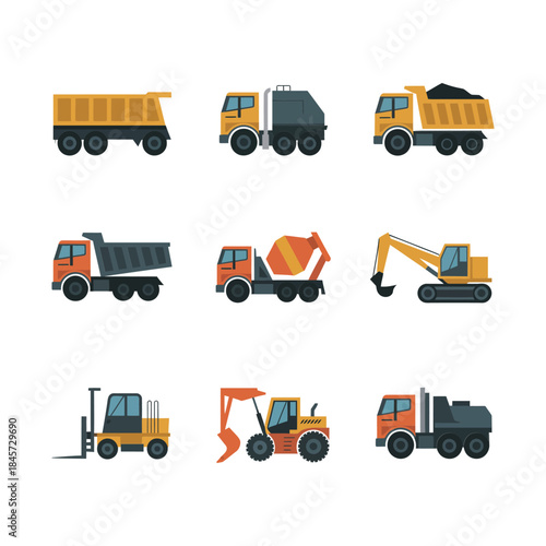 Heavy transport vehicle icon collection, construction trucks excavators loaders, industrial worksite machinery theme, clean flat vector illustration