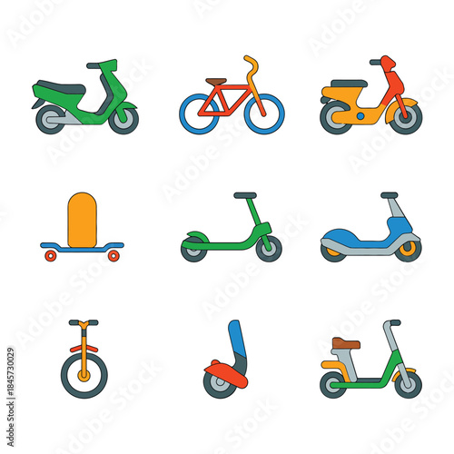 Personal transport icon set, scooter bicycle unicycle skateboard symbols, eco friendly mobility theme, clean flat vector illustration collection