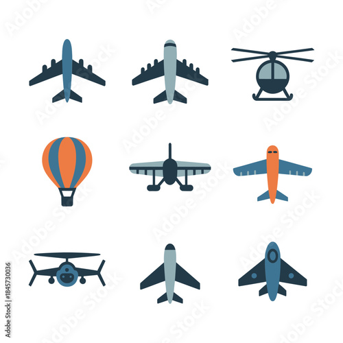 Aircraft aviation icon set, airplane helicopter drone balloon symbols, air travel transport theme, modern flat vector illustration collection