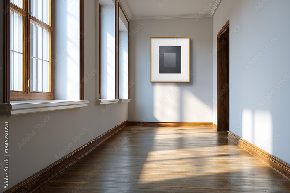 Obraz premium A clean and well-lit hallway featuring a piece of wall art, embodying simplicity, elegance, and the beauty of interior design in a modern space.