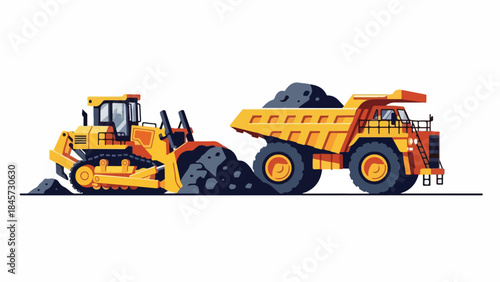 Heavy machinery including a bulldozer and dump truck working on a construction site