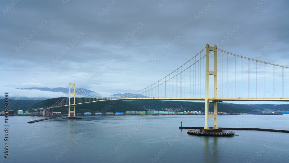 Fototapeta premium Muroran, Hokkaido, Japan - Oct 04 2024, panoramic view of the cable-stayed Hakucho Bridge, at daytime, Muroran, Japan