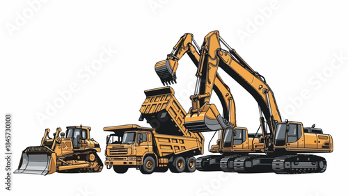 Construction vehicles dump truck, bulldozer, and excavators in an isolated graphic illustration
