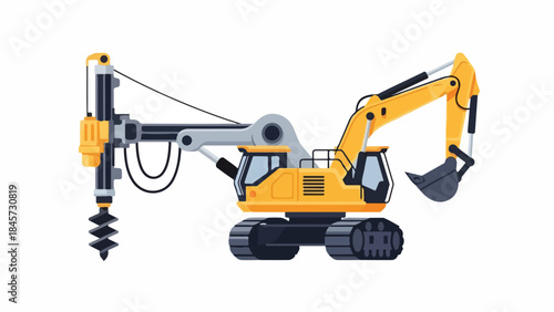 Illustration of a yellow drilling machine with an excavator arm and a large auger, perfect for construction or industrial themes