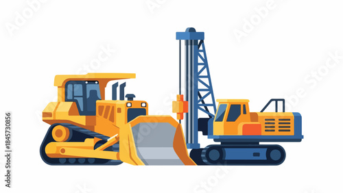 Heavy construction equipment including a bulldozer and a drilling rig on a white background