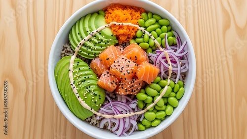 Delicious Poke Bowl with Salmon Avocado and Edamame