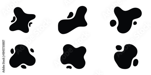black irregular blob shapes set. Organic random liquid forms in flat style. Various shapes of irregular blobs. Random blob circles silhouette icon set. 