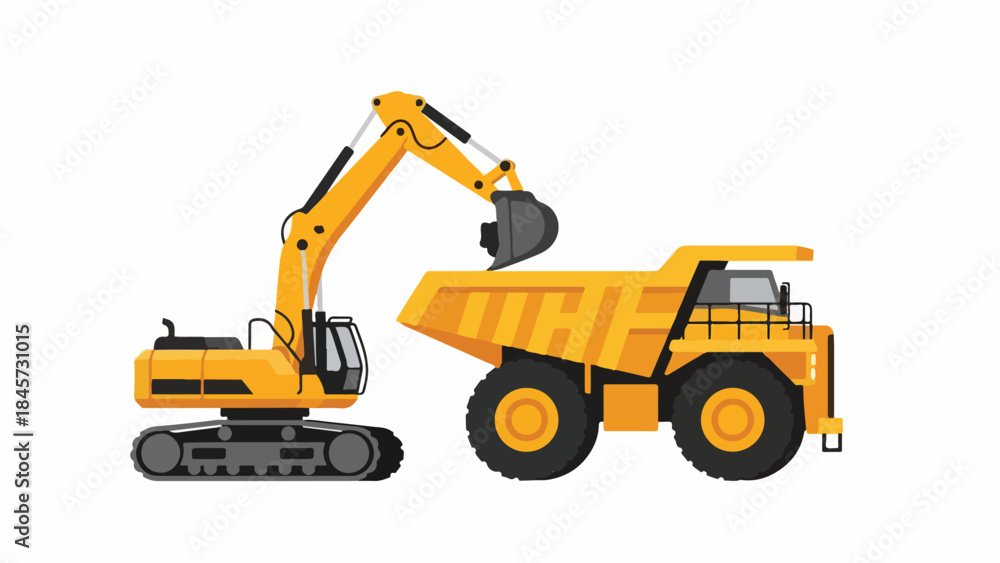 Fototapeta premium Heavy machinery like an excavator and a large dump truck in an illustration on a white background