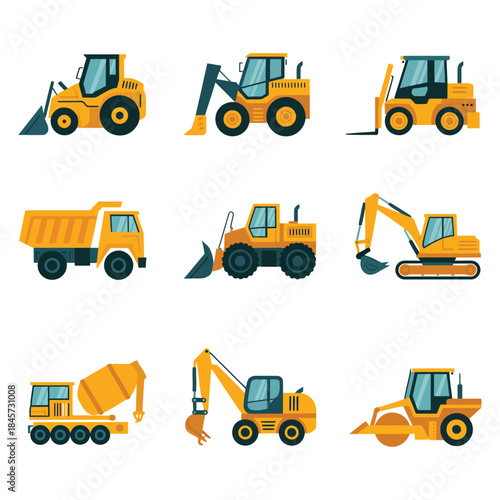 Construction vehicle icon set, excavator loader dump truck symbols, heavy machinery worksite theme, flat vector illustration collection design