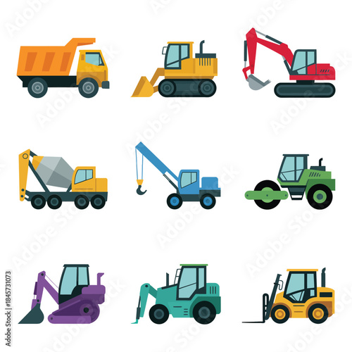 Industrial machinery icon set, backhoe roller grader truck symbols, engineering construction workflow theme, modern flat vector illustration pack