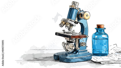 Detailed Drawing of Microscope with Blue Plastic Bottle, Scientific Research Lab Equipment
