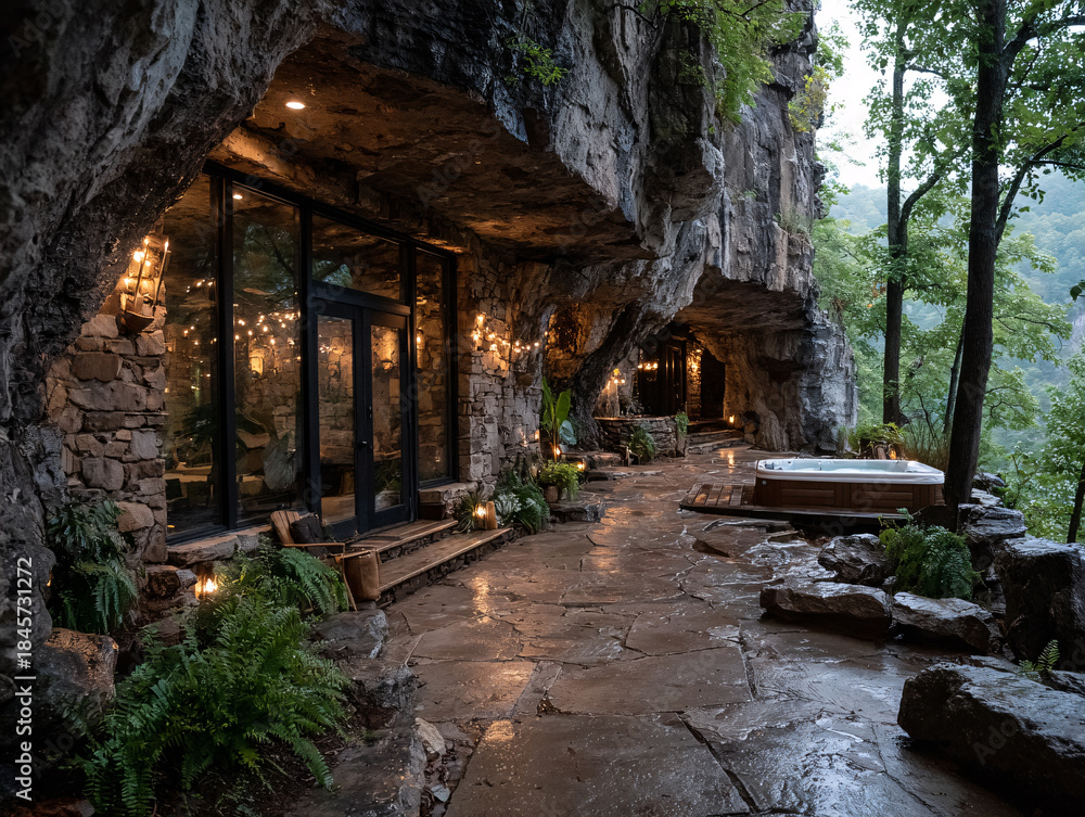 Obraz premium a cave house with stone walls and a stone patio, adorned with string lights, potted plants, and a hot tub. The outdoor area is surrounded by lush greenery and trees