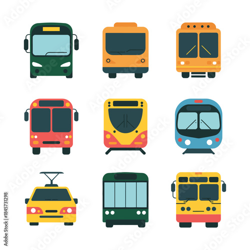City bus and tram icon collection, metro trolley taxi symbols, modern public transportation theme, clean flat vector design