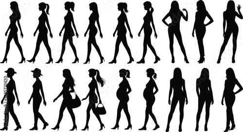 Collection of diverse female silhouettes in various poses silhouette
