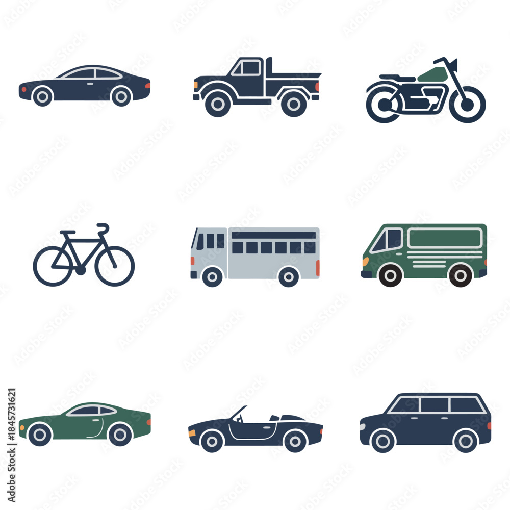 Fototapeta premium City mobility icon collection, car bus bicycle van symbols, urban transportation system theme, clean flat vector illustration design