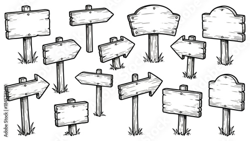 Black and White Wooden Signpost Collection Line Art, wooden signpost illustration, signboard line art, black and white signposts, directional sign arrows, rustic wooden signs, hand drawn signboard, 