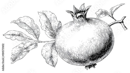 Detailed Vector Drawing of Pomegranate with Leaf for Botanical Designs