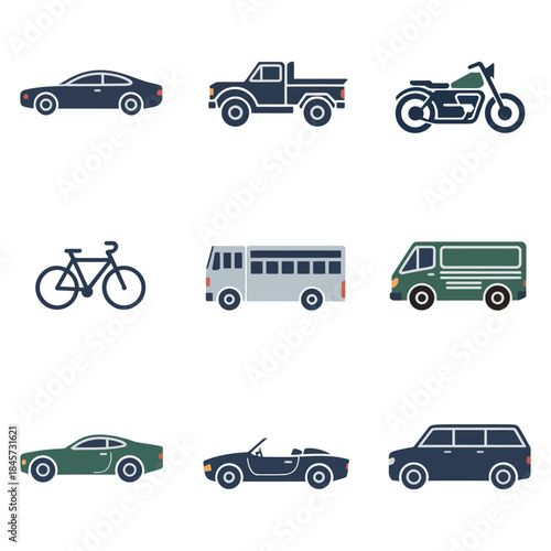 City mobility icon collection, car bus bicycle van symbols, urban transportation system theme, clean flat vector illustration design