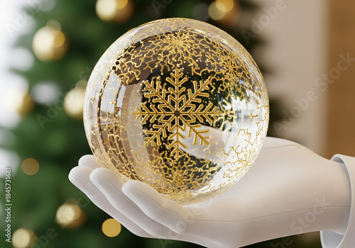 Hand in white glove Holds glass with gold pattern Christmas Ball Globe with  gold Christmas snowflake Inside Against green baceh Background.3D photo