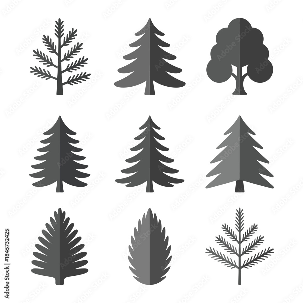 Obraz premium Conifer forest tree icon set, pine fir spruce silhouettes symbols, evergreen woodland nature theme, clean flat vector illustration
