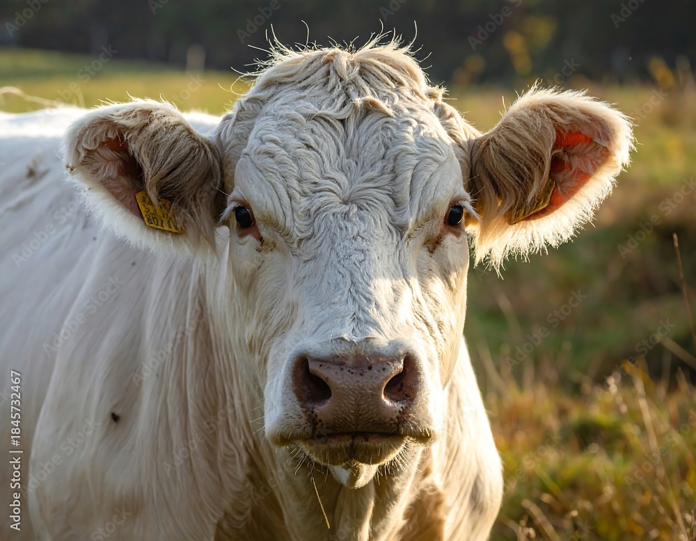 custom made wallpaper toronto digitalA close-up shot of a white bovine's face, bathed in warm sunlight, with a piercing gaze. The background is soft-focused