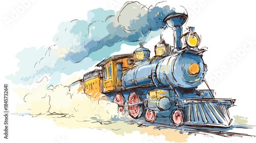 Detailed Vector Drawing of Train with Smoke, Transportation Illustration