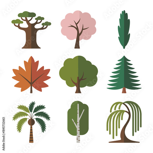 Seasonal tree variety icon collection, deciduous evergreen palm willow symbols, landscape nature theme, modern flat vector illustration design