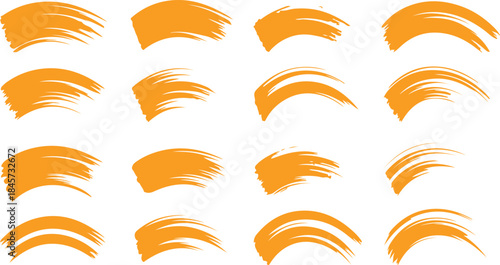 Sixteen dynamic orange paint strokes with a windy and swirling motion creating expressive textured elements