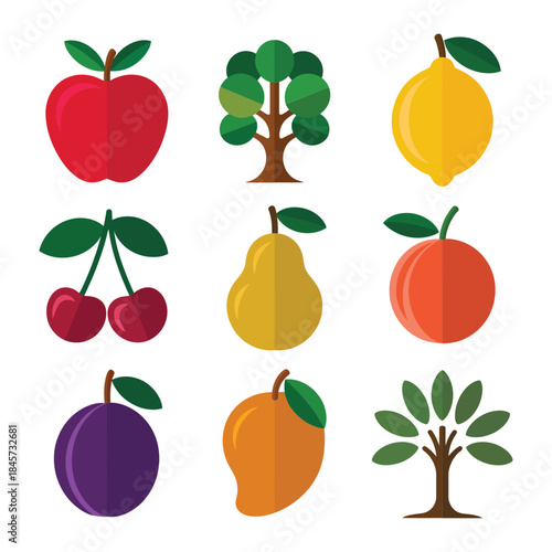 Fresh fruit icon collection, apple cherry pear mango plum symbols, garden orchard harvest theme, vibrant flat vector illustration