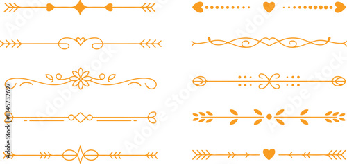 Ten elegant orange decorative text dividers featuring hearts, arrows, and floral elements on white