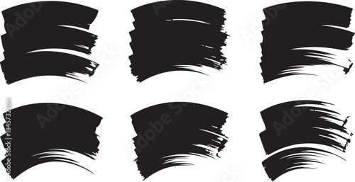 A collection of six thick black paint brush strokes with textured edges on white