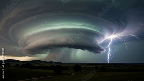 Dramatic Storm Cloud with Lightning over Open Field