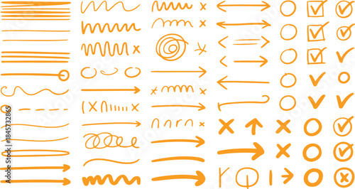 A comprehensive set of orange hand drawn lines, arrows, and various selection or negation symbols