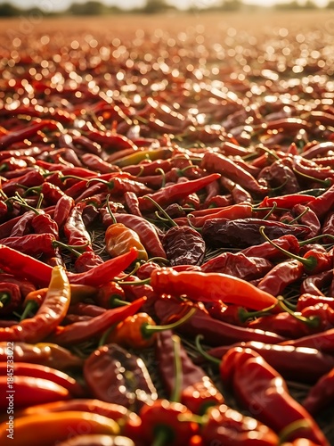 Dried Red Chilies Spread Out in Sunlit Field
