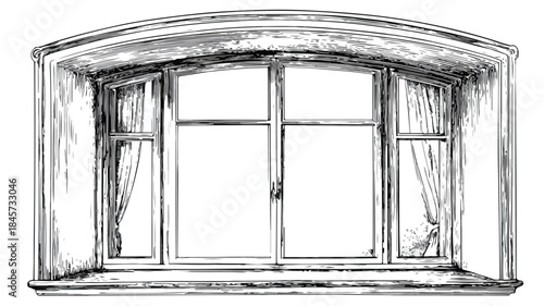Architectural Drawing of Window with Detailed Design and Cityscape View
