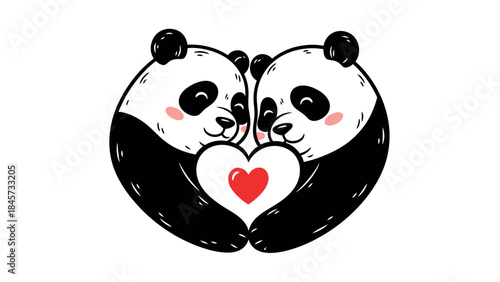 cartoon panda couple hugging with heart 