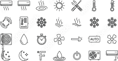 A comprehensive set of outline line icons representing various climate control, air conditioning, heating, and cooling system settings, features, and technical functions.